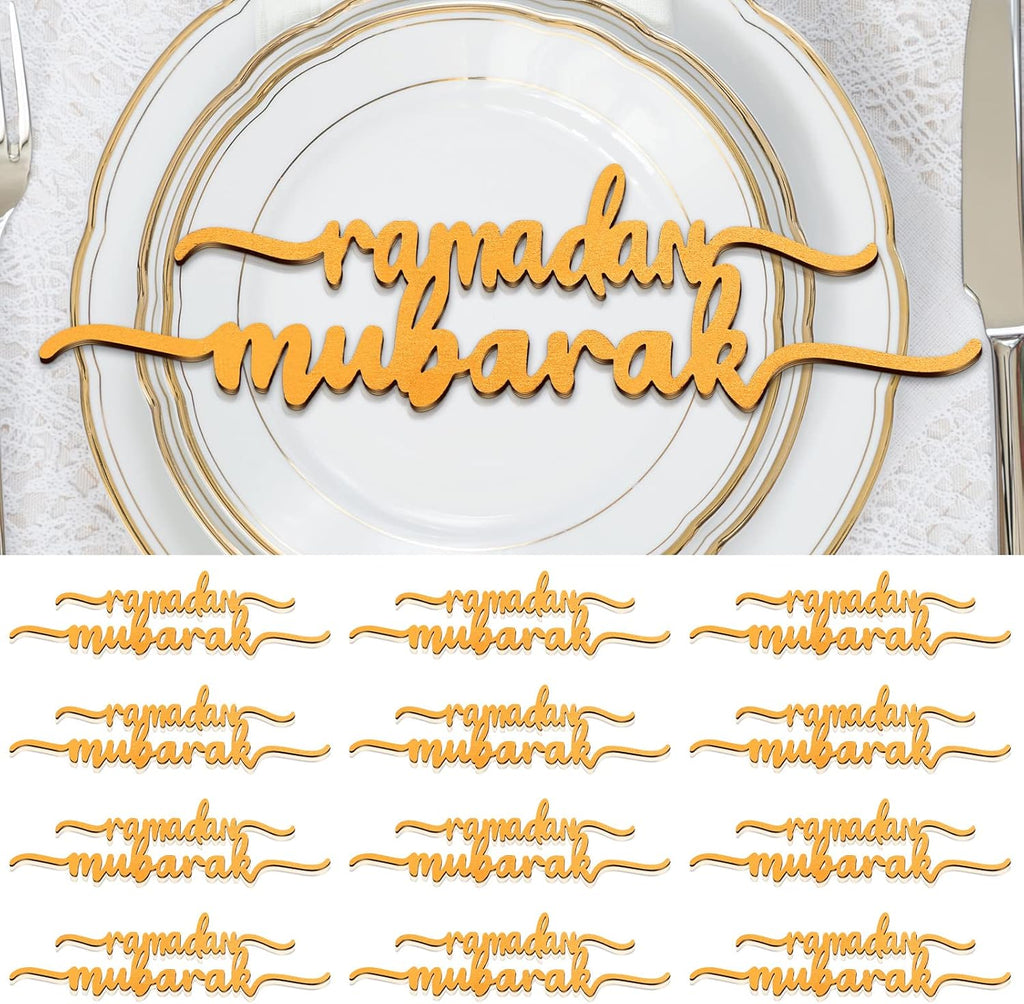 12 Piece Ramadan Wood Signs - Ramadan Mubarak & Kareem Islamic Table Decor for Eid & Party
