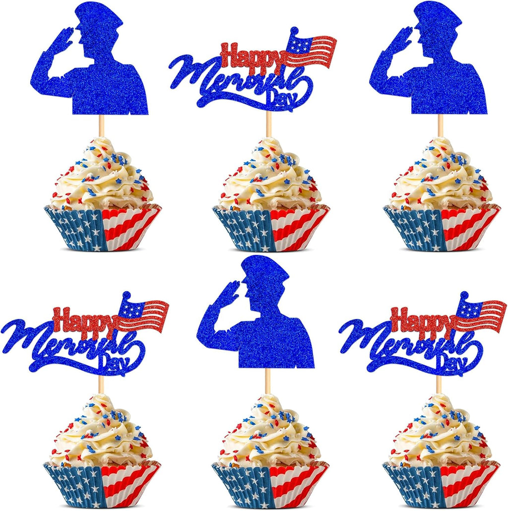 Ercadio 24 PCS Happy Memorial Day Cupcake Toppers Blue Glitter Military Soldier Theme Let's We not Forget Cupcake Picks for Memorial Day Men Birthday Party Cake Decorations Supplies Blue