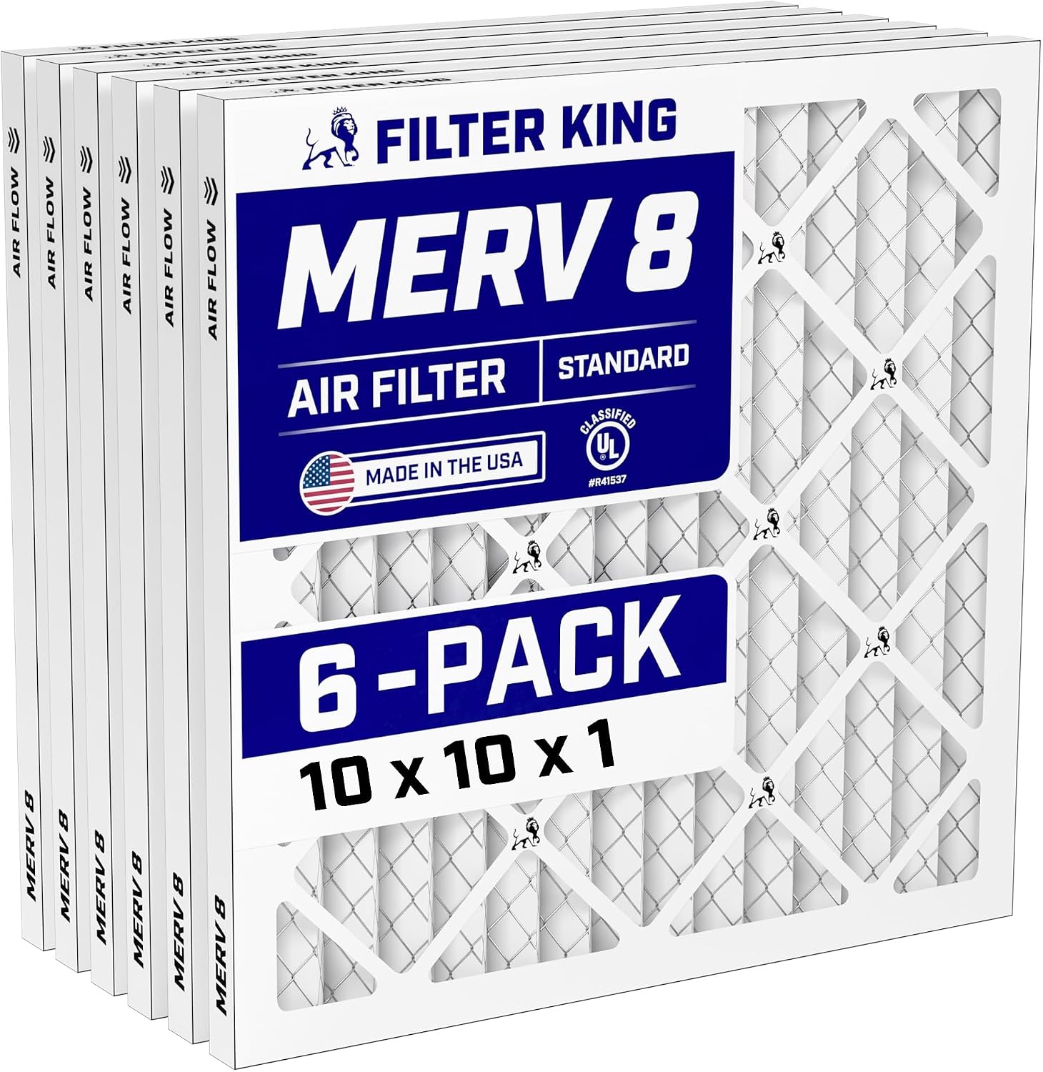 Filter King 10x10x1 Air Filter (MERV 8) (6-Pack) Dust & Allergy Control AC Furnace Filters, MADE IN USA, HVAC, Pleated, Electrostatic (Actual Size: 9.5 x 9.5 x .75)
