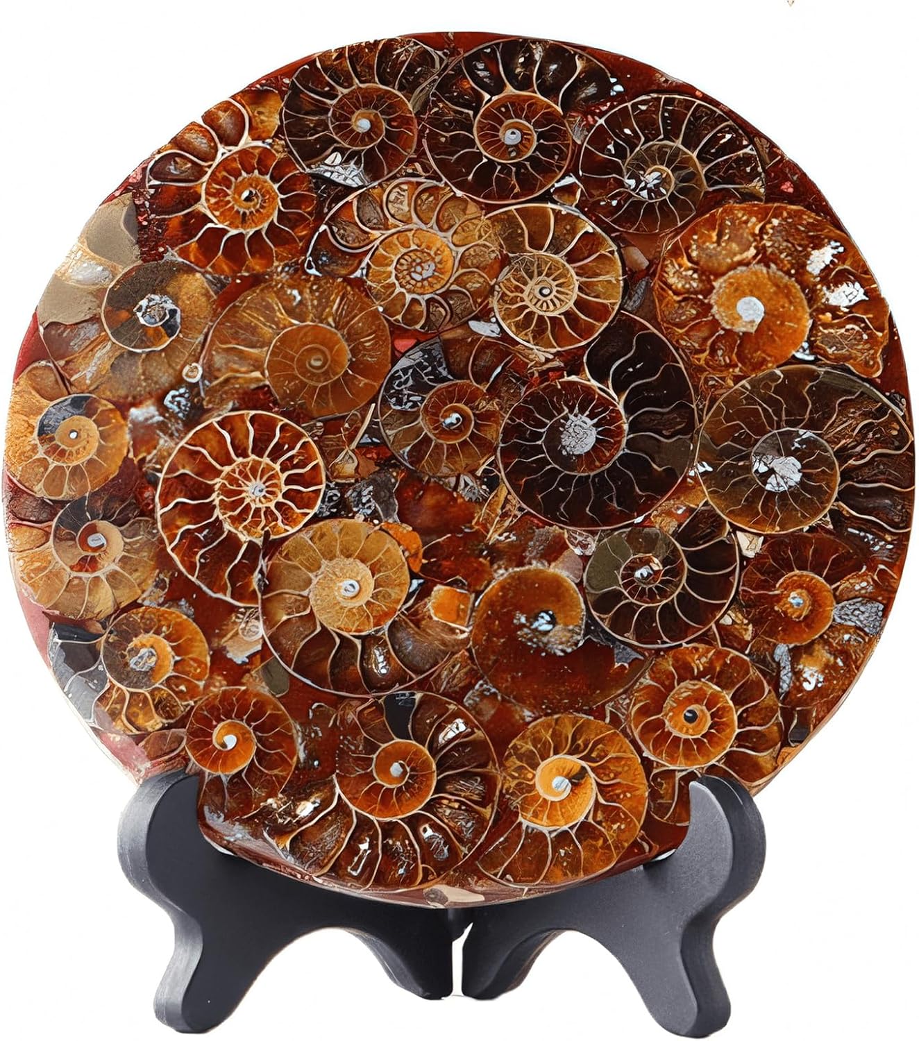 Natural Ammonite Fossil Disc with Stand Set, Feng Shui Decor Shell Slice Disc Conch Mineral Specimen Ornament for Home