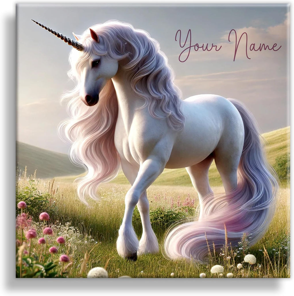 Customizable Unicorn Canvas Wall Art – 10"x10" Personalized Name Sign for Girls’ Room – Cute Majestic Unicorn with Pastel Flowers – Perfect Nursery Decor, Fairy Tale, Princess & Magical Theme Wall Art (10x10 inch)