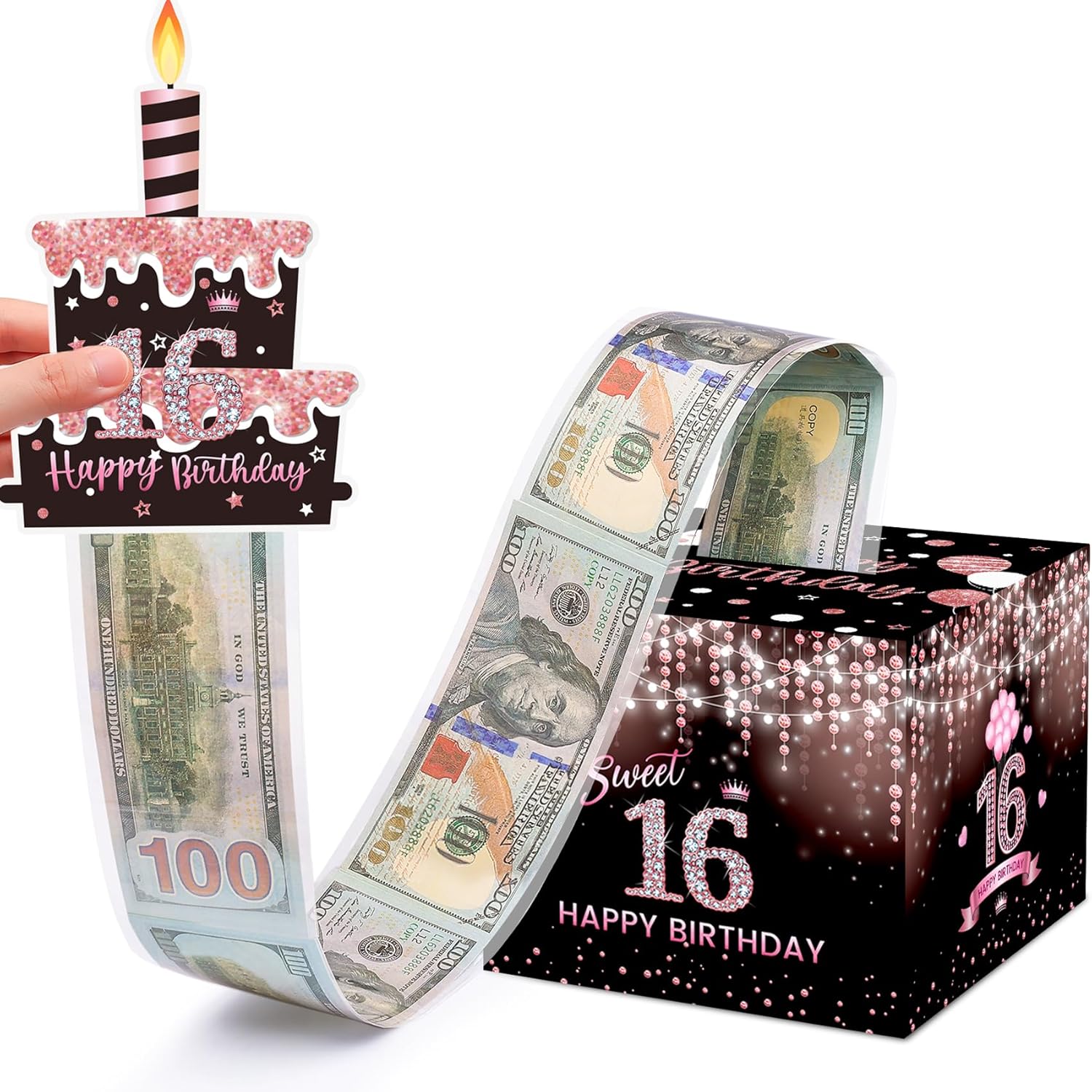 Sweet 16th Birthday Money Box for Cash Gift, Surprise Pull Out Money Gift Box with 50Pcs Transparent Bags - Fun Ways to Give Cash as A 16th Birthday Gift for Girls