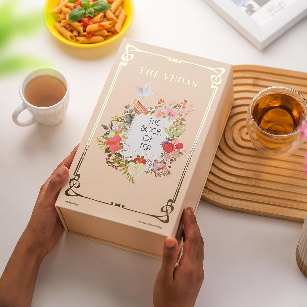 The Vedas Book Of Tea Gift Set | Assorted Tea Bags Gift Box | Christmas Gift | 12 Exotic Herbal Tea Blends In Handcrafted Cotton Bags | Net 48 bags | Gift for mom