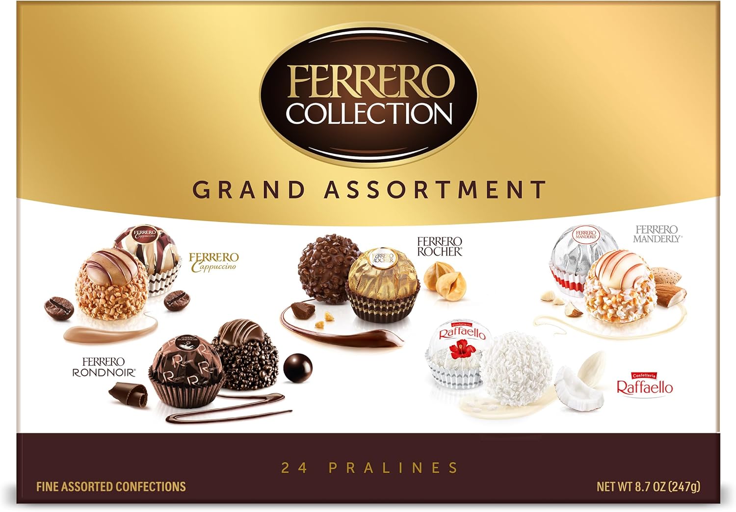 Ferrero Collection Chocolate Gift Box Grand Assortment, Hazelnut, Dark, Coconut, Almond, and Cappuccino Holiday Box of Chocolates Gifts, Christmas Candy, 24 Count, 8.7 oz