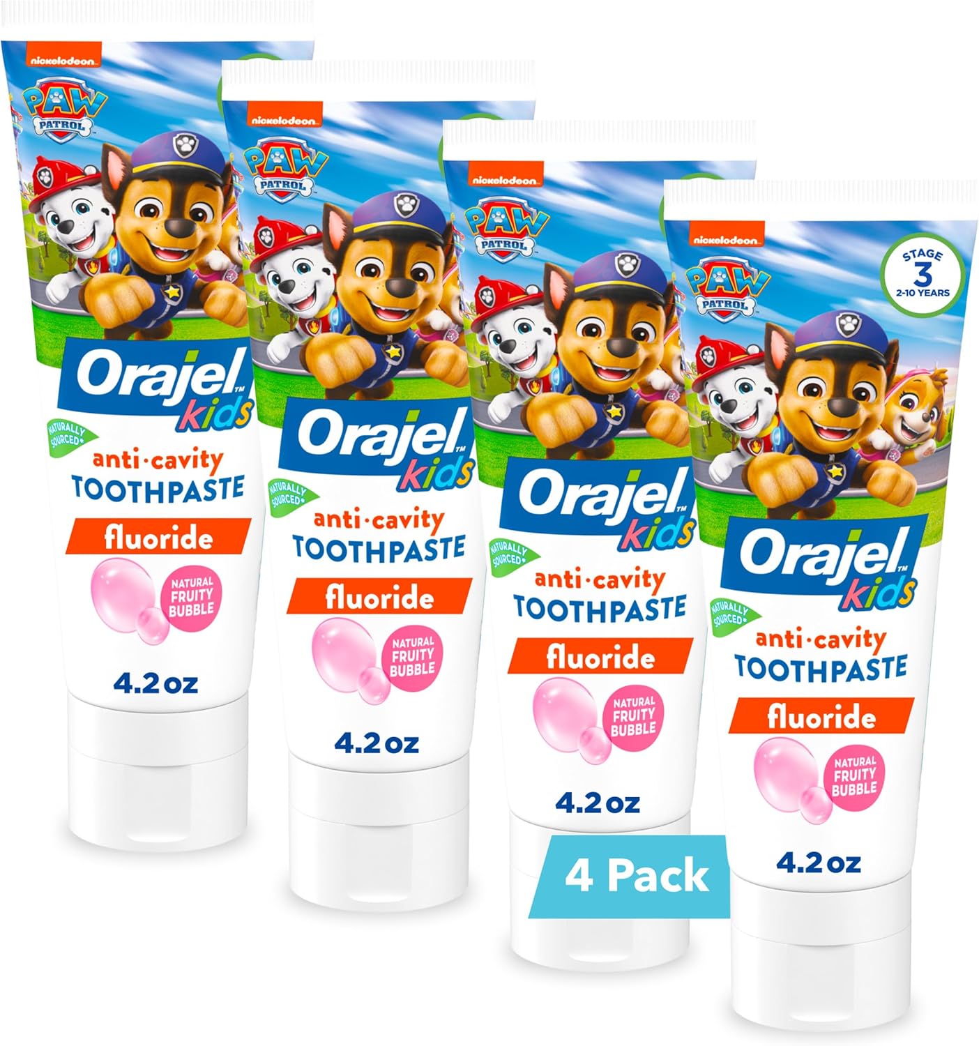 Orajel Kids Paw Patrol Anti-Cavity Fluoride Toothpaste, Natural Fruity Bubble Flavor, 4.2oz (4-Pack)