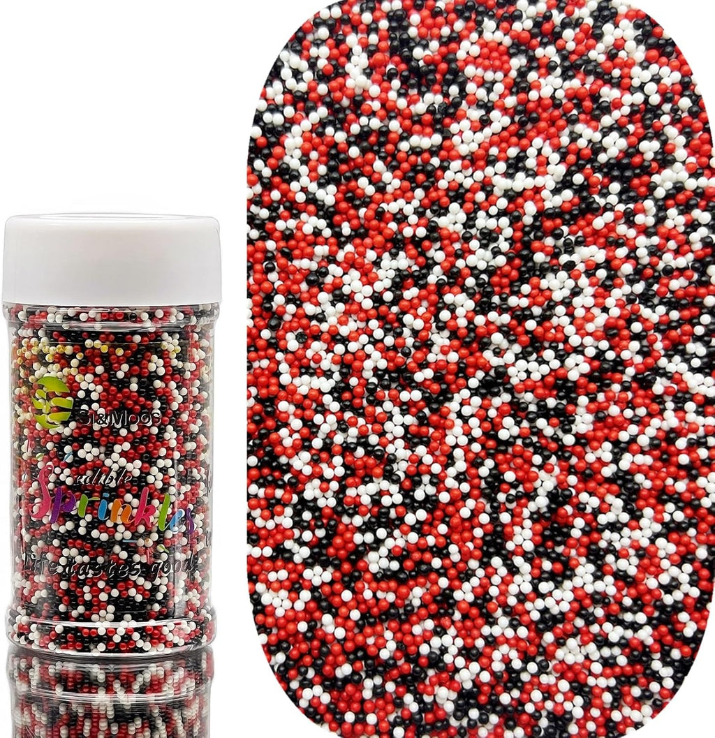 SE Si&Moos Nonpareil Sprinkles, 2mm Red White and Black Mini Edible Pearls Red and Black Sprinkles for Cake Decorating Halloween Cake Decorations Wedding Baby Shower Party Christmas Holiday Supplies 3.5 OZ