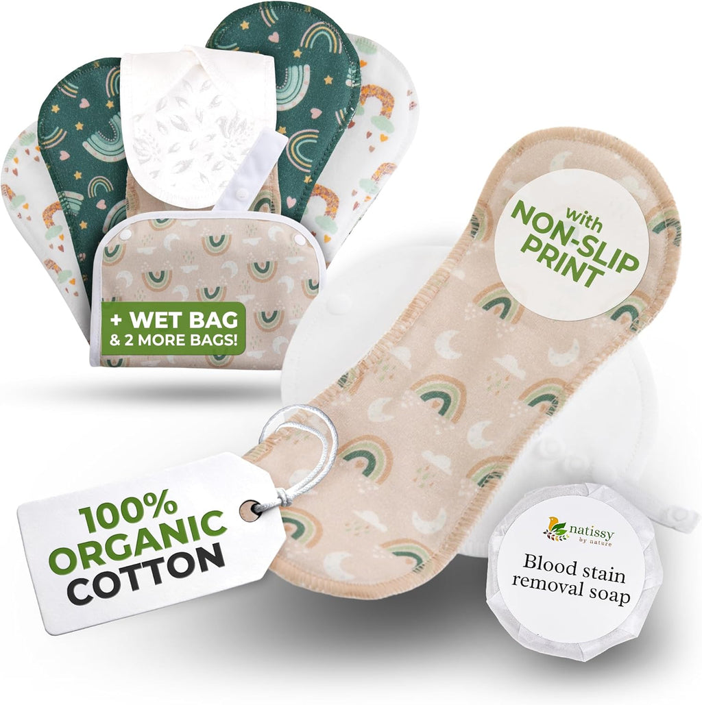 Non-Slip, Organic Cotton Reusable Menstrual Pads for Teen Girls (6 Pack S+M) - Leak Proof & Odor Free Cloth Period Pads - High-Temp Washable, Breathable & Skin-Safe for First Period Day Confidence