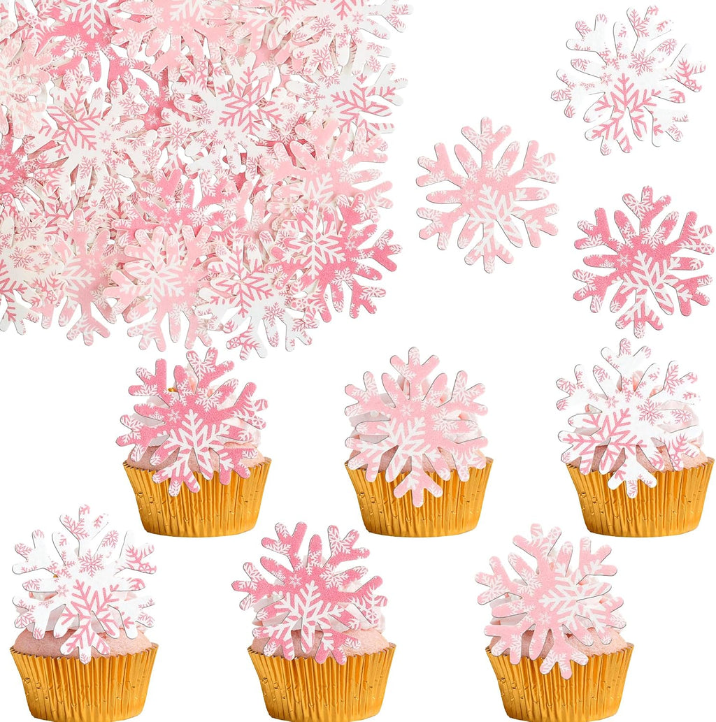 Gyufise 50Pcs Edible Snowflake Cupcake Cake Toppers Wafer Paper Snowflake Cake Decorations for Christmas Winter Frozen Theme Party Supply Decoration Multi Pink