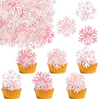 Gyufise 50Pcs Edible Snowflake Cupcake Cake Toppers Wafer Paper Snowflake Cake Decorations for Christmas Winter Frozen Theme Party Supply Decoration Multi Pink