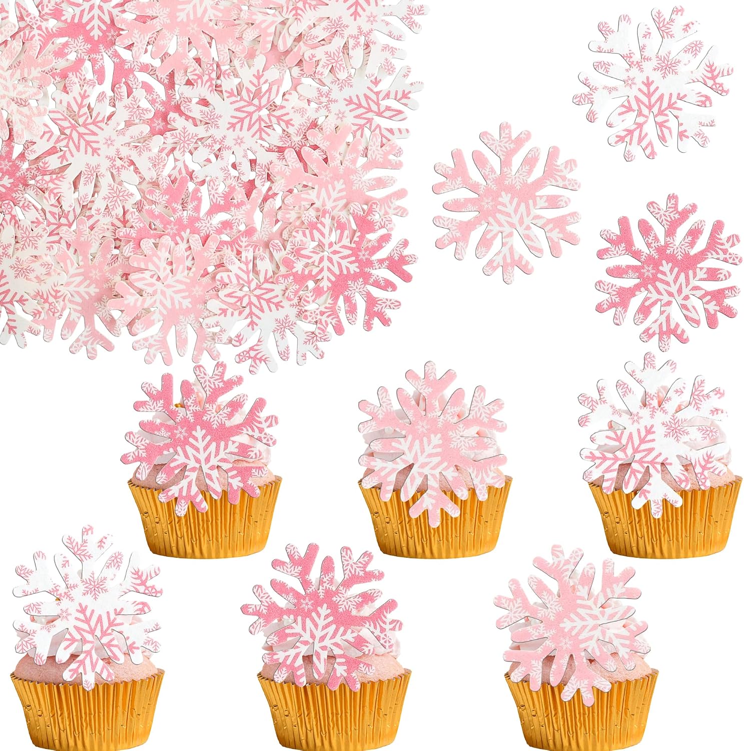 Gyufise 50Pcs Edible Snowflake Cupcake Cake Toppers Wafer Paper Snowflake Cake Decorations for Christmas Winter Frozen Theme Party Supply Decoration Multi Pink