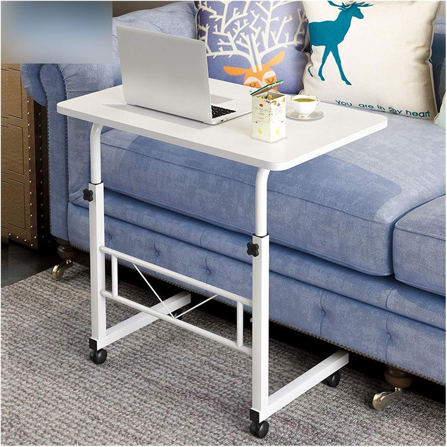 Mobile Overbed Table Portable Overbed Chair Table Height Adjustable Pc Overbed Table Classroom Training Table with Wheels Over Bed,Warm White-80 * 40cm