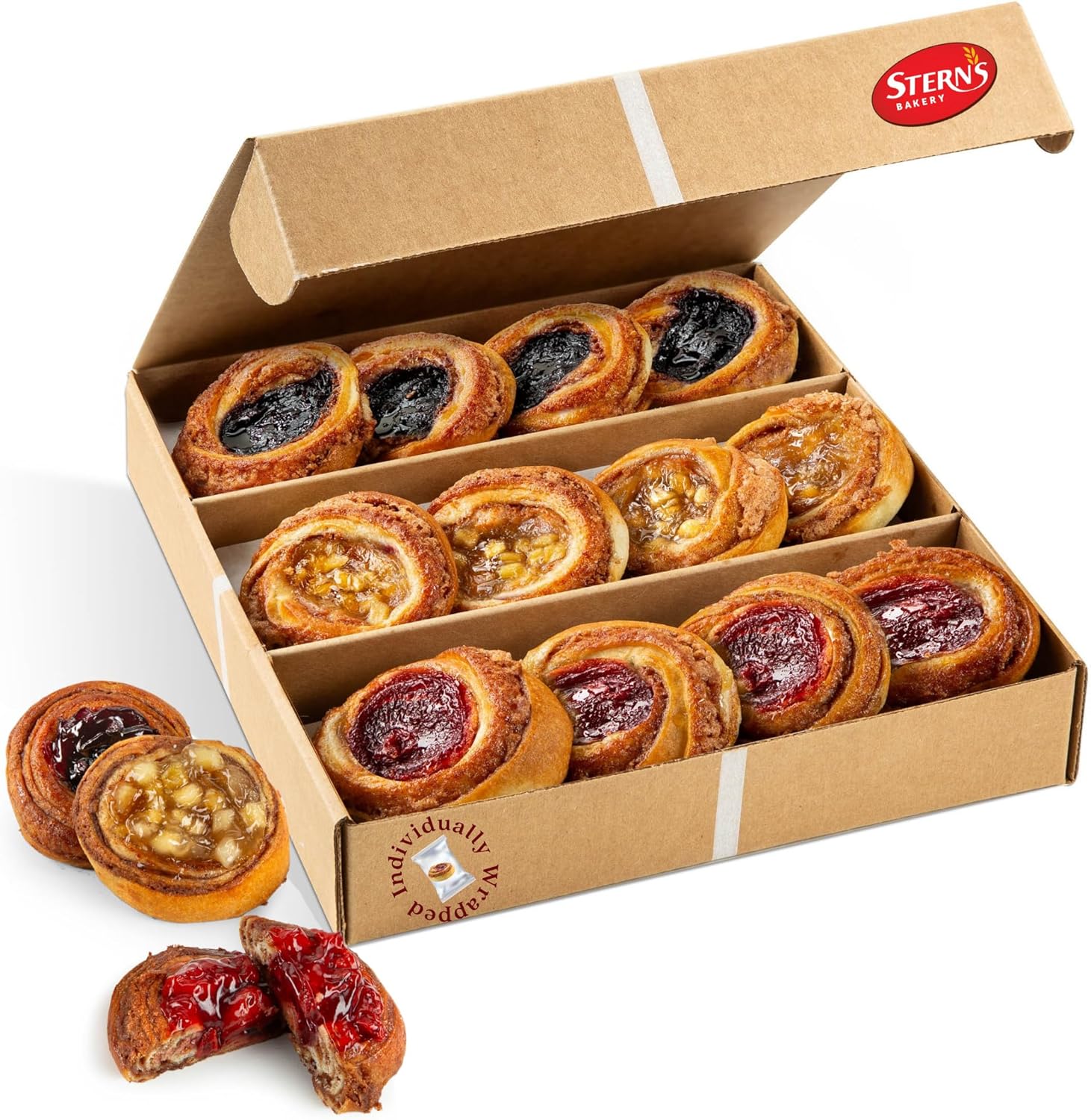 STERN'S BAKERY Fruit Danish Pastry [12 Count] | ASSORTED Fruit Filled Cinnamon Buns for Thanksgiving Gifts, Christmas Food Gifts | Delicous Breakfast Pastries | Kosher, Dairy Free & Nut Free