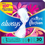 Always Radiant Feminine Pads for Women, Flexfoam Pads with Wings, Size 3, Extra Heavy Absorbency, Lightly Scented, 30 Count
