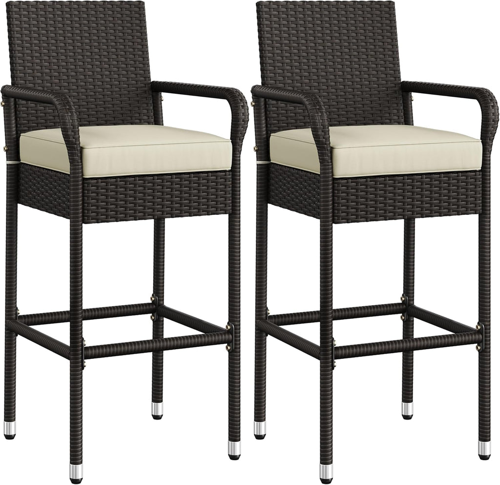 Yaheetech Outdoor Bar Stools Set of 2, Patio Wicker Chairs with Armrests, Footrests, Cushion for Porch Garden Balcony Backyard, Brown/Beige