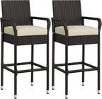 Yaheetech Outdoor Bar Stools Set of 2, Patio Wicker Chairs with Armrests, Footrests, Cushion for Porch Garden Balcony Backyard, Brown/Beige