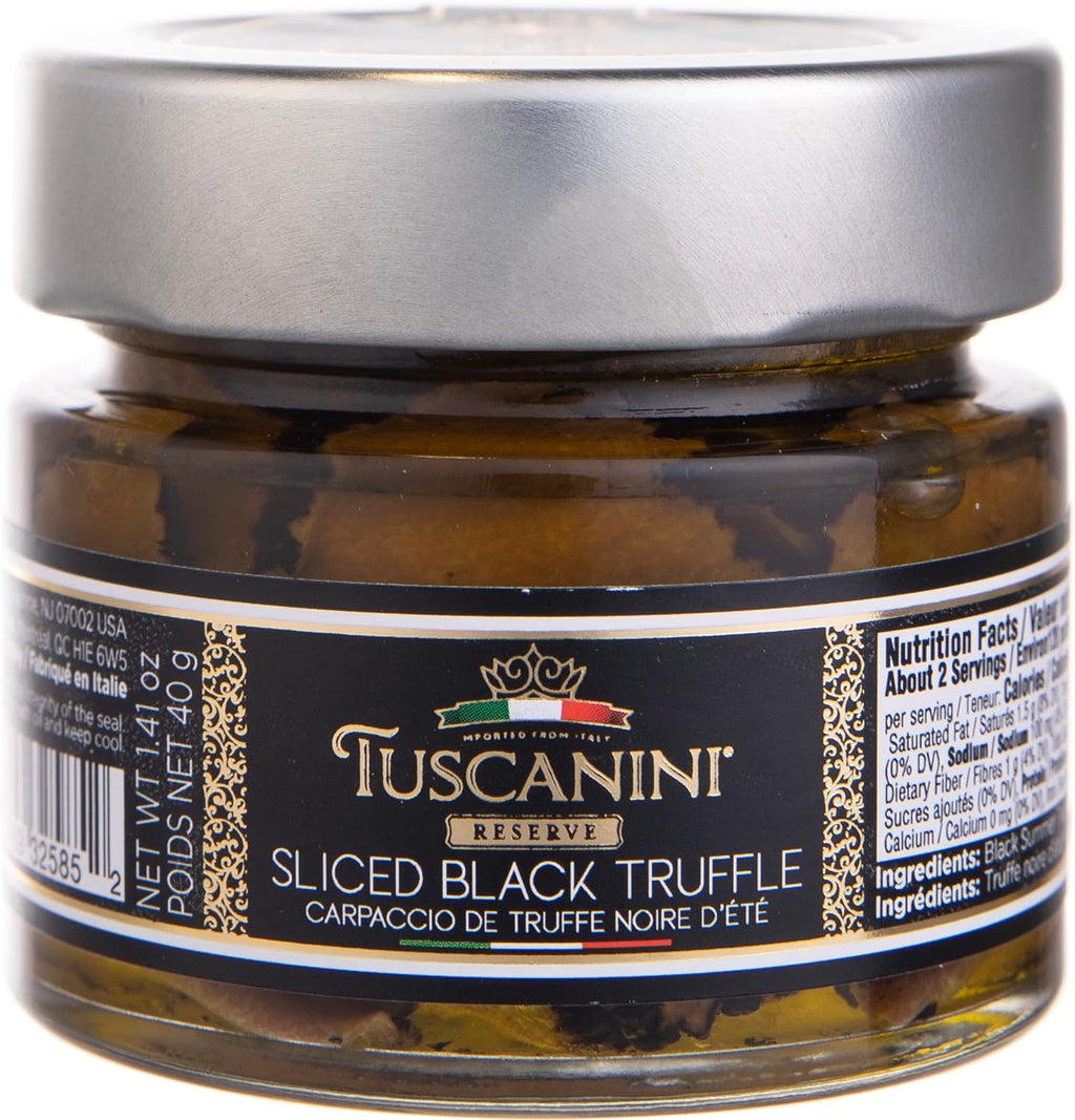 Tuscanini Reserve Italian Sliced Black Truffle in Extra Virgin Olive OIl, 1.41oz | Thin Truffle Mushroom Slices | Authentic Italian Truffle Carpaccio | Product of Italy
