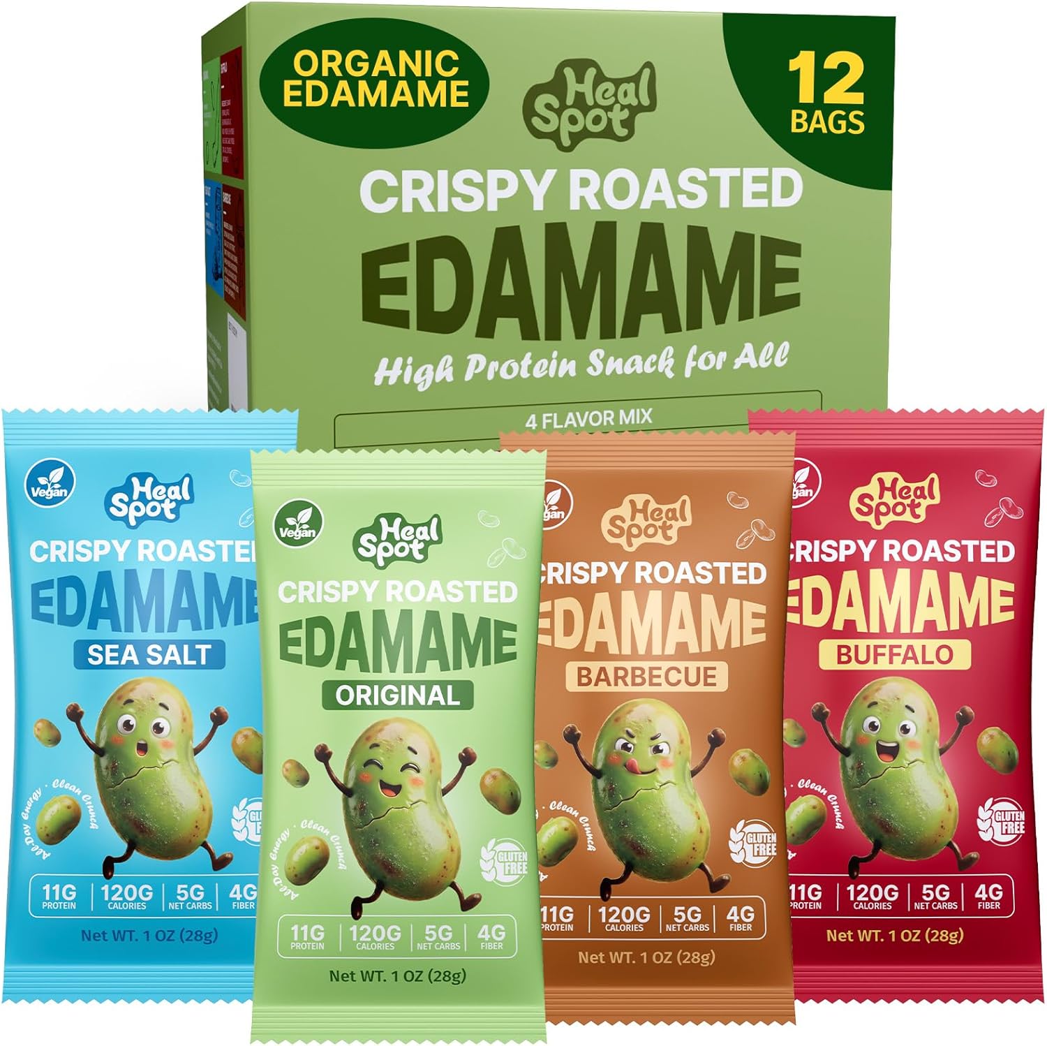 Healspot Organic Edamame Beans 11g High Protein Snacks, Crunchy Roasted Edamame Snacks - Low Carb|High Fiber|Reduced Sodium, Healthy Snacks for adults and Children, Family&Office&Lunch-Box Snacks