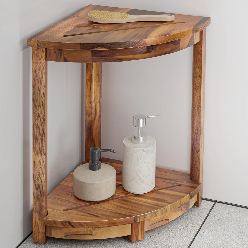 HOLANA 18" Teak Corner Shower Stool - Teak Shower Bench with Storage Shelf - Shower Foot Rest & Shaving Stool - Compact Teak Shower Stool for Indoor Use
