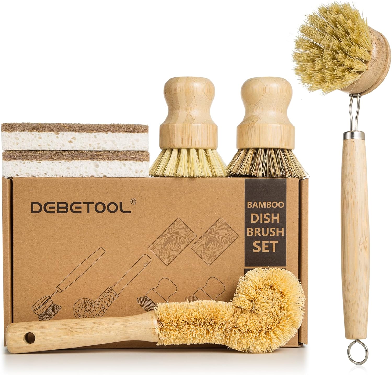 DEBETOOL 6 Piece Bamboo Dish Brush Set with Coconut Sponge - Wooden Dish Brush with Sisal and Palm Fiber, Natural Bamboo Dish Scrub Brush for Kitchen Cleaning Dishes, Pots, Pans, Bottles, Vegetables