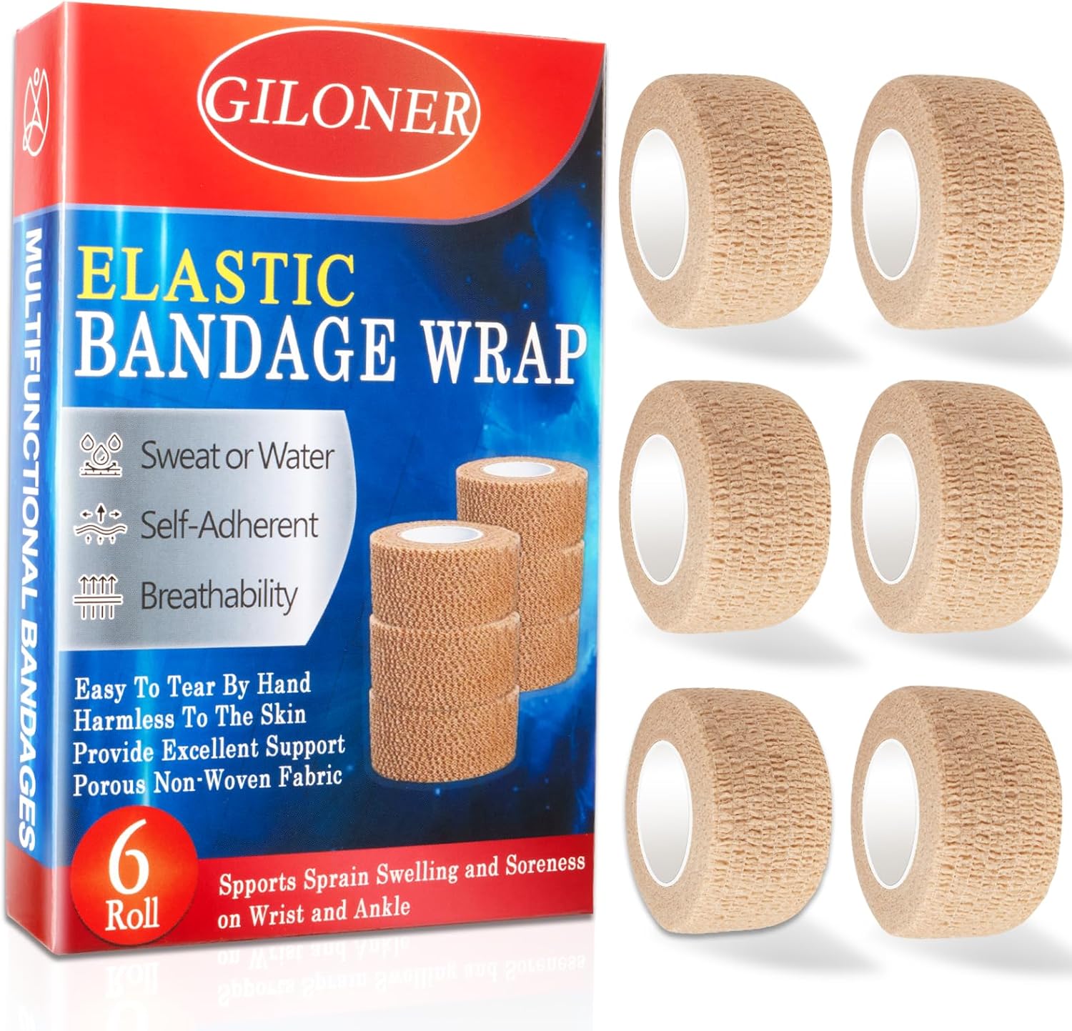 6pcs 1 Inch Self Adhesive Bandage Wrap,Vet Wrap,Finger and Toe Bandages,Gauze Tape,First Aid Bandages Use for Wrist, Ankle Sprains& Swelling Caused By Sports