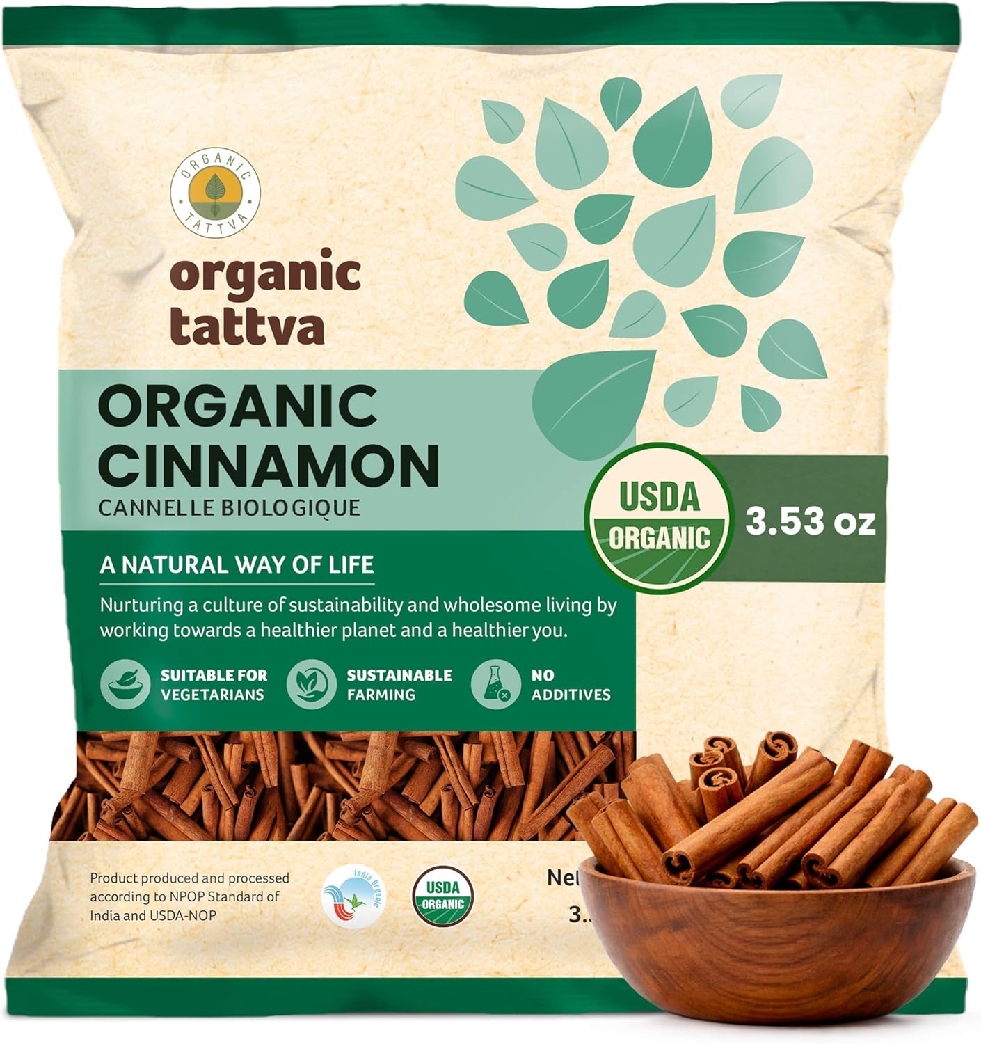 Organic Tattva Whole Cinnamon Sticks (3.53 oz/100 gm) - Organic Cinnamon Sticks for Cooking & Beverages - Whole Spices with Natural Oils, Aroma & Flavor - Additives & Chemical Free - USDA Certified