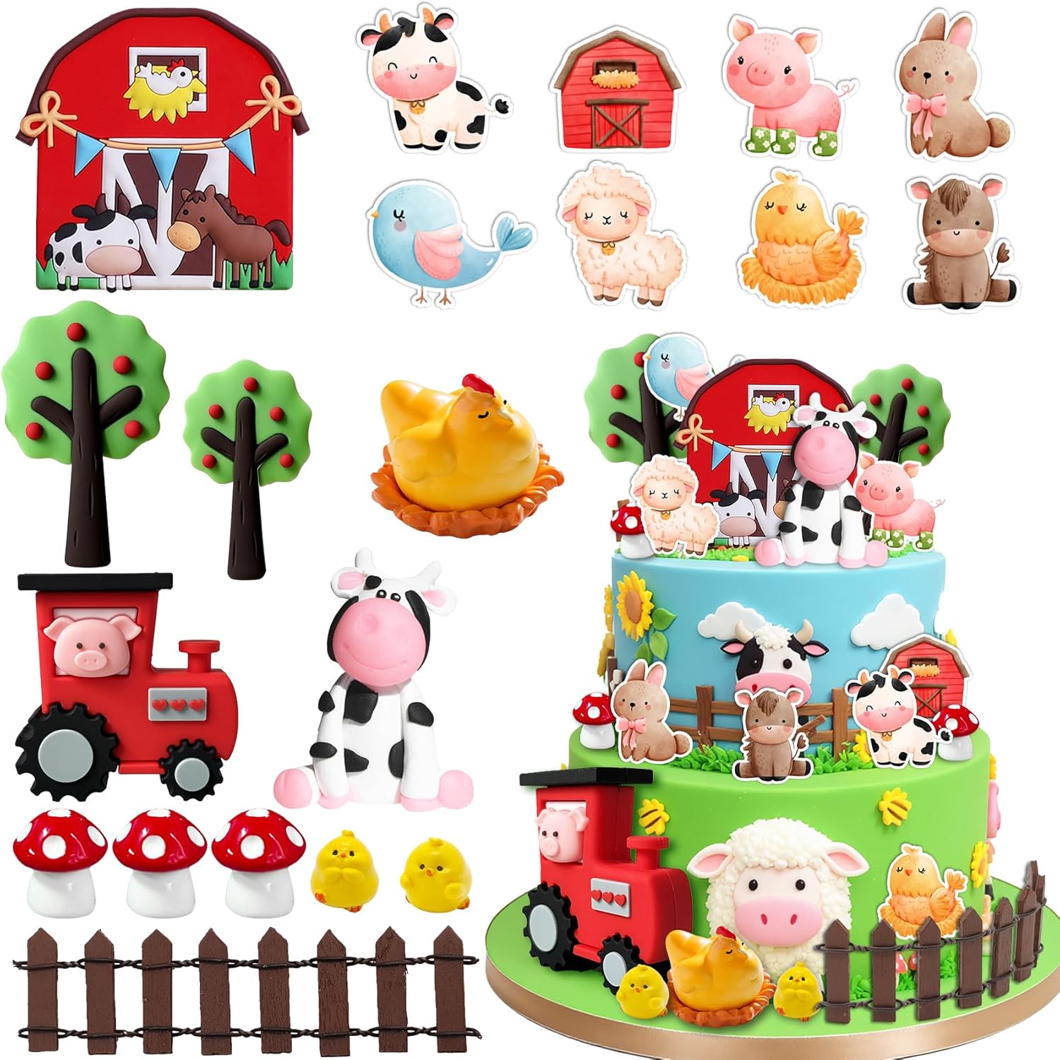 20Pcs Farm Cake Decorations Farm Cake Topper for Animal Farm Baby Shower Supplies