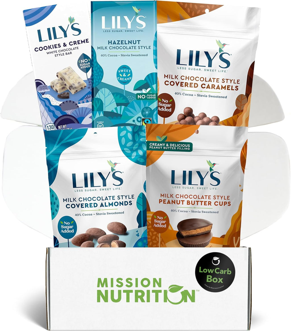 Low Carb Box featuring Lily's Sweets Chocolate Peanut Butter Cups, Almonds, Caramels and Bars - Stevia Sweetened, Low-Carb, Keto-Friendly, Gluten-Free (5 Count) (Milk Chocolate)