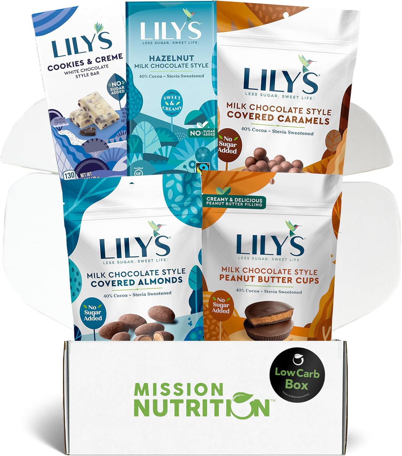 Low Carb Box featuring Lily's Sweets Chocolate Peanut Butter Cups, Almonds, Caramels and Bars - Stevia Sweetened, Low-Carb, Keto-Friendly, Gluten-Free (5 Count) (Milk Chocolate)