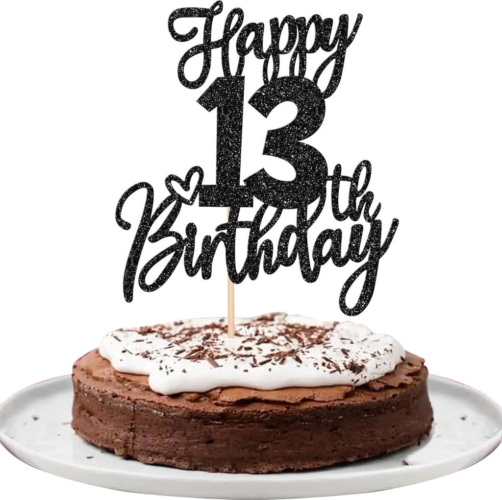 1 PCS Happy 13th Birthday Cake Topper Glitter Cheers to 13 Years Birthday Cake Pick 13 Official Teenager Cake Decoration for Happy 13th Birthday Anniversary Theme Party Decorations Supplies Black