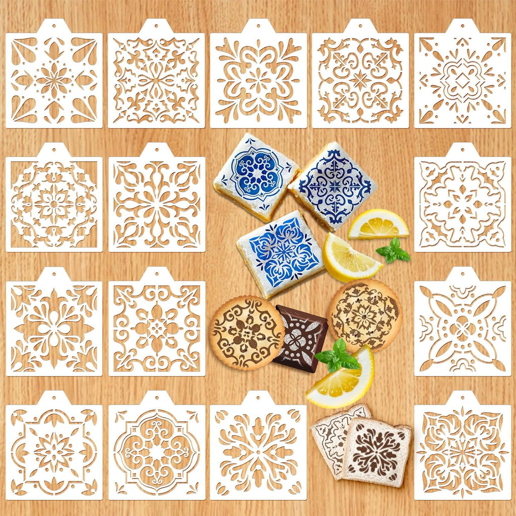 Whaline 15 Pcs Floral Tile Cookie Stencils Chinoiserie Tiles Airbrush Painting Stencils with Bead Chain Decor Biscuit Coffee Cake Baking Reusable Templates for DIY Crafts Birthday Party