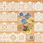 Whaline 15 Pcs Floral Tile Cookie Stencils Chinoiserie Tiles Airbrush Painting Stencils with Bead Chain Decor Biscuit Coffee Cake Baking Reusable Templates for DIY Crafts Birthday Party