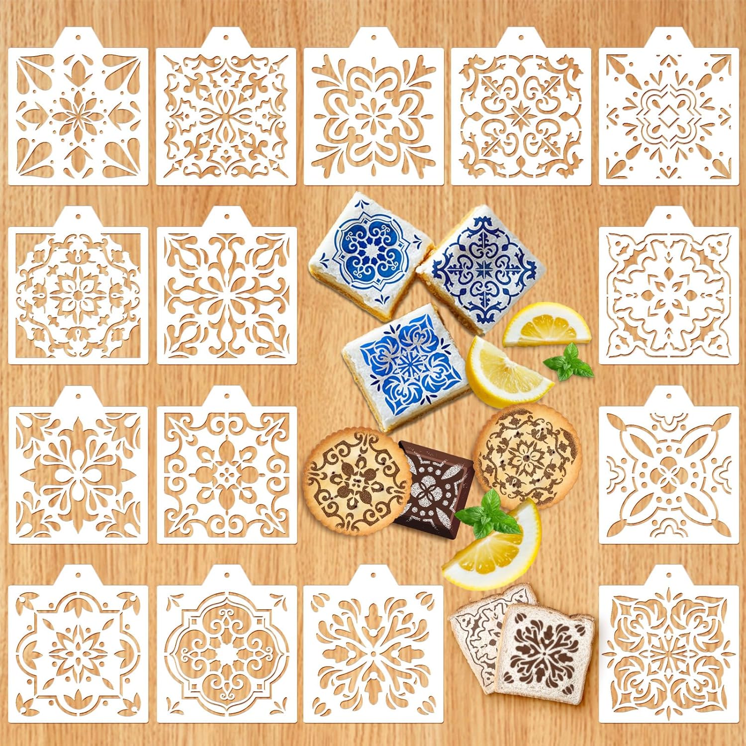 Whaline 15 Pcs Floral Tile Cookie Stencils Chinoiserie Tiles Airbrush Painting Stencils with Bead Chain Decor Biscuit Coffee Cake Baking Reusable Templates for DIY Crafts Birthday Party