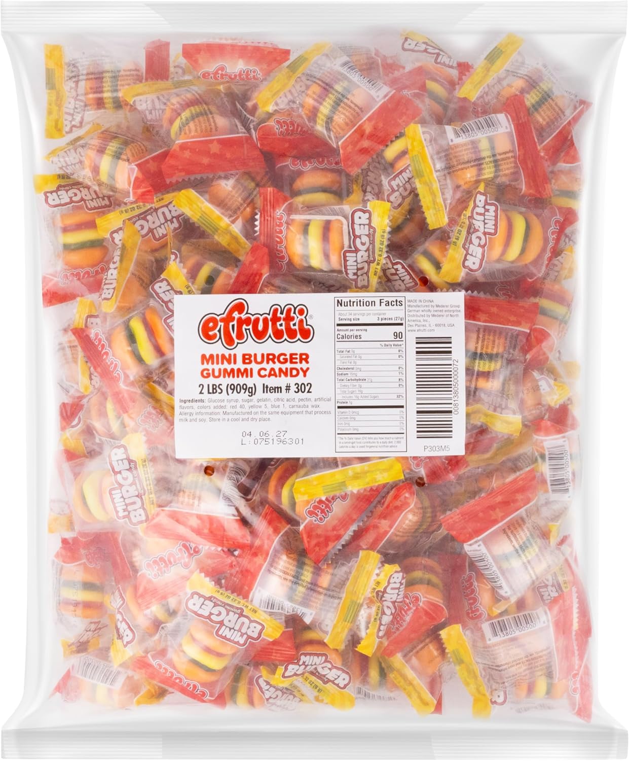efrutti Mini Burger Gummy Candy, 2 LB - 101 Count Bulk Bag