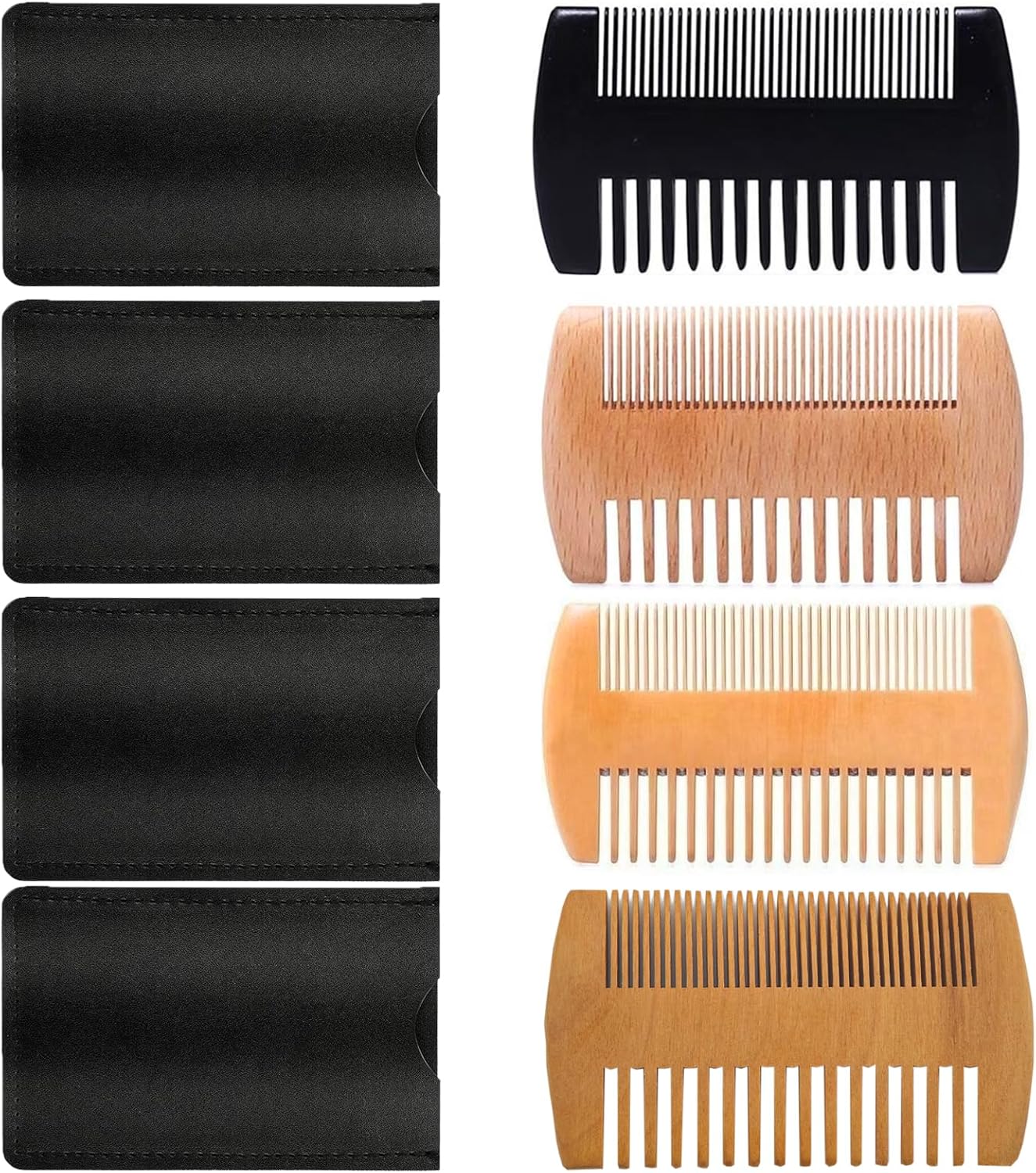 4 Pack Double-Sided Pocket Comb, Wooden Dual Action Beard and Mustache Comb Set with Leather Cases for Beards and Mustaches, Everyday Styling Comb For Detangling Knots, Beard Care & Grooming