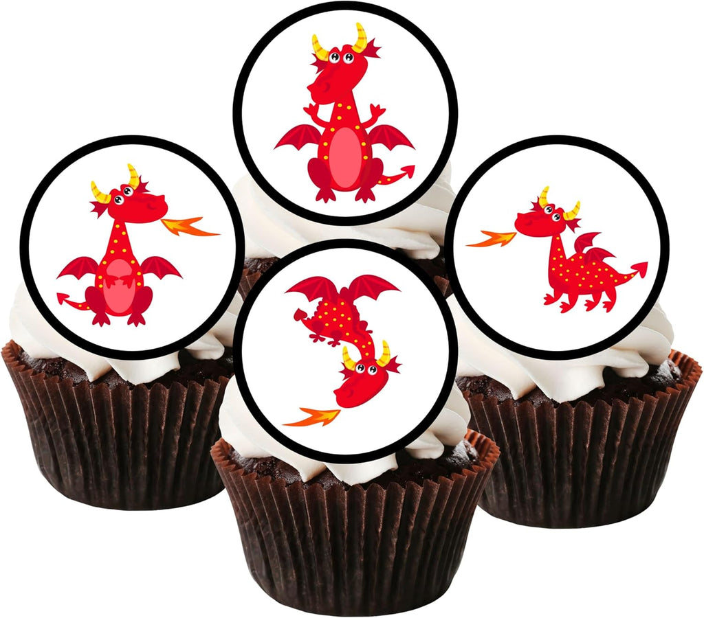 24 Red Dragon Cupcake Toppers, Edible Dragon Birthday Party Decorations, Dragon Cake Topper, Dragon Decorations, Dragons Theme Edible Cupcake Toppers - Stand Up Discs Wafer Cake Decorations