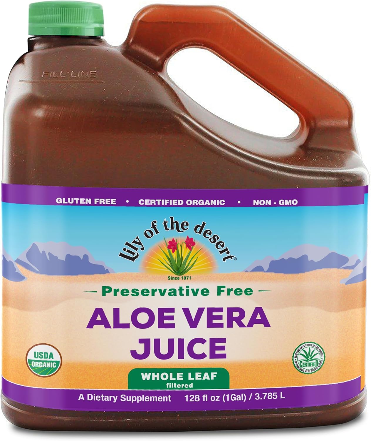 Lily of the Desert Aloe Vera Juice Preservative Free, Whole Leaf Filtered Aloe Vera Drink 128 Fl Oz with Cup, Bottle