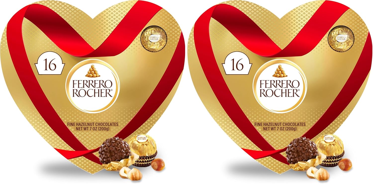 Ferrero Rocher Fine Hazelnut Chocolates, Valentine’s Day Heart Gift Box, 16 Piece Premium Chocolate for Gifting, 7 oz (Pack of 2)