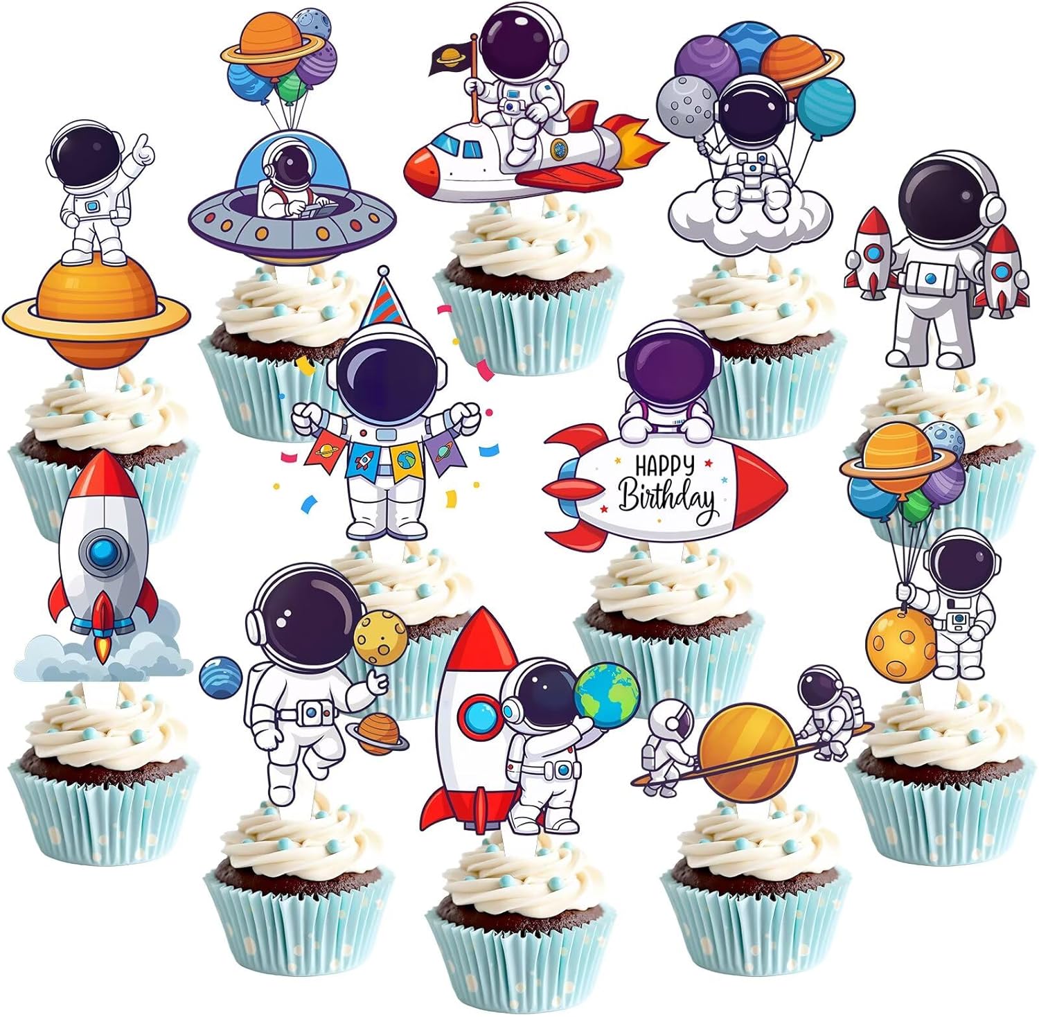 48 Pcs Outer Space Cupcake Toppers Space Themed Party Decorations Astronaut Birthday Party Decorations