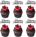 24 PCS Black Glitter Happy Anniversary Cupcake Toppers Happy Birthday Cake Picks Wedding Anniversary Party Decorations for Baby Shower Kids Birthday Wedding Party Cake Decorations Supplies