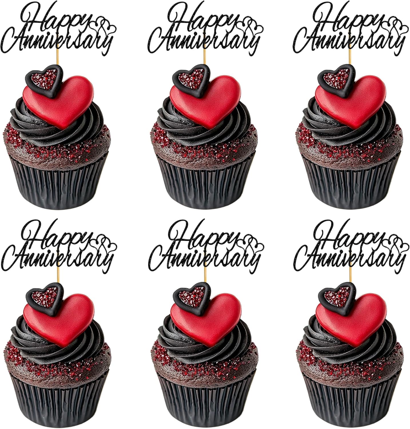 24 PCS Black Glitter Happy Anniversary Cupcake Toppers Happy Birthday Cake Picks Wedding Anniversary Party Decorations for Baby Shower Kids Birthday Wedding Party Cake Decorations Supplies