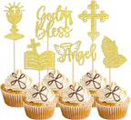 24 PCS God Bless and Cross Cupcake Toppers Glitter Angel Cross God Bless Cupcake Picks for Church Baptism First Communion Baby Shower Birthday Party Cake Decorations Supplies Gold