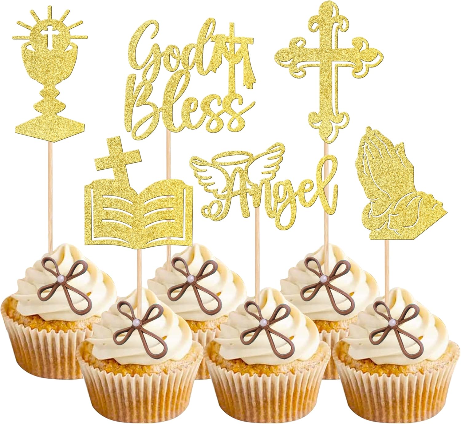 24 PCS God Bless and Cross Cupcake Toppers Glitter Angel Cross God Bless Cupcake Picks for Church Baptism First Communion Baby Shower Birthday Party Cake Decorations Supplies Gold