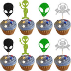 24 Pack Alien Cupcake Toppers Glitter Space Invaders Outer Space UFO Cupcake Picks for Kids First Birthday Astronaut Gender Reveal Cake Decorations Party Supplies Black Green