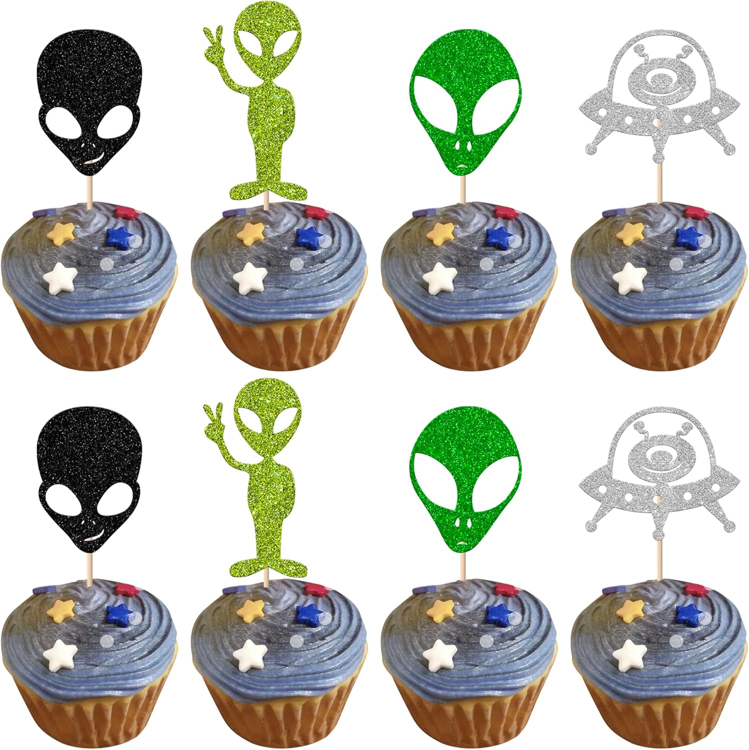 24 Pack Alien Cupcake Toppers Glitter Space Invaders Outer Space UFO Cupcake Picks for Kids First Birthday Astronaut Gender Reveal Cake Decorations Party Supplies Black Green