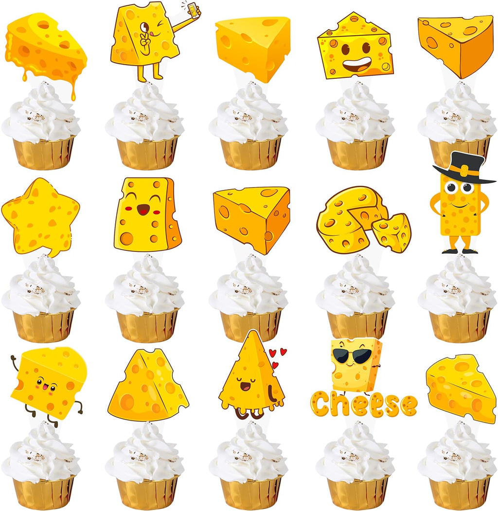 48Pcs Cheese Cupcake Toppers Cheese Party Decorations Cartoon Cheese Cupcake Decorations Cute Cheese Cake Topper for Cheese Themed Birthday Baby Shower Supplies