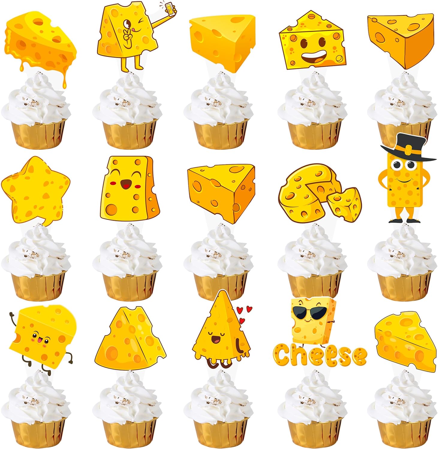 48Pcs Cheese Cupcake Toppers Cheese Party Decorations Cartoon Cheese Cupcake Decorations Cute Cheese Cake Topper for Cheese Themed Birthday Baby Shower Supplies