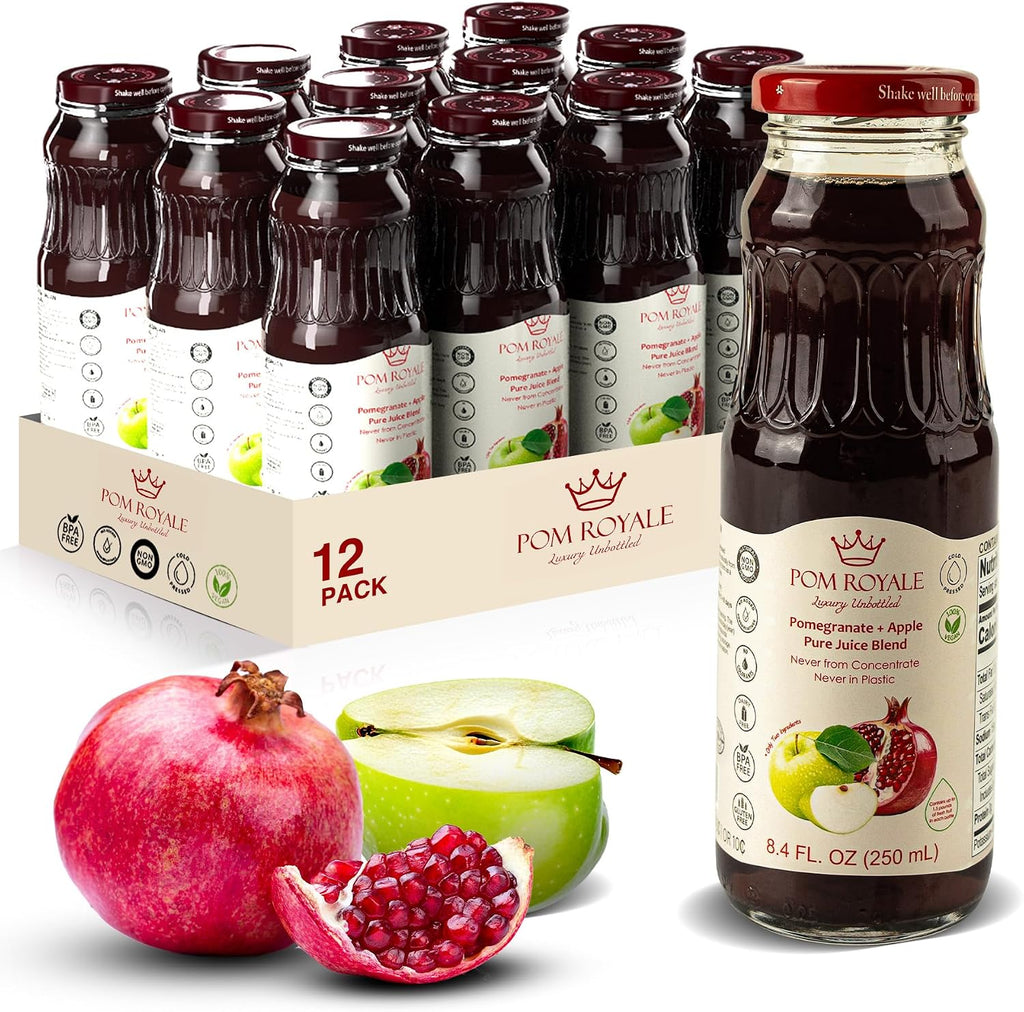 Pomegranate Apple Juice Blend, 8.4oz Glass Bottles (Pack of 12), Not from Concentrate, No Sugar Added, Antioxidant Rich, Non-GMO, Gluten Free, Vegan, Kosher Fruit Juice