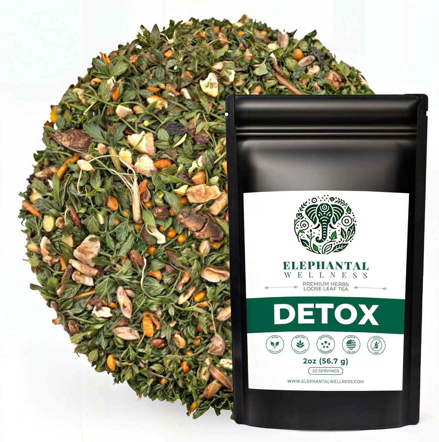 Elephantal Wellness Premium Detox Herbal Tea | Daily Liver, Kidney, Blood & Digestive Support with Turmeric, Nettle Tea, Milk Thistle, Dandelion Tea & Burdock | Handmade, Caffeine-Free Loose Leaf Blend | 2oz, 20 Servings