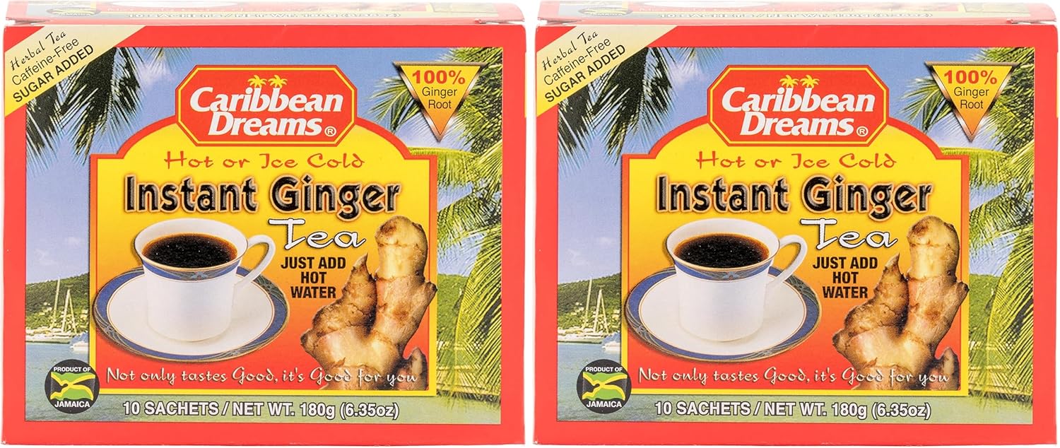 Caribbean Dreams Instant Ginger Tea, 100% Natural from Jamaica, Strong Taste and Aroma, 10 Sachets (Pack of 2)