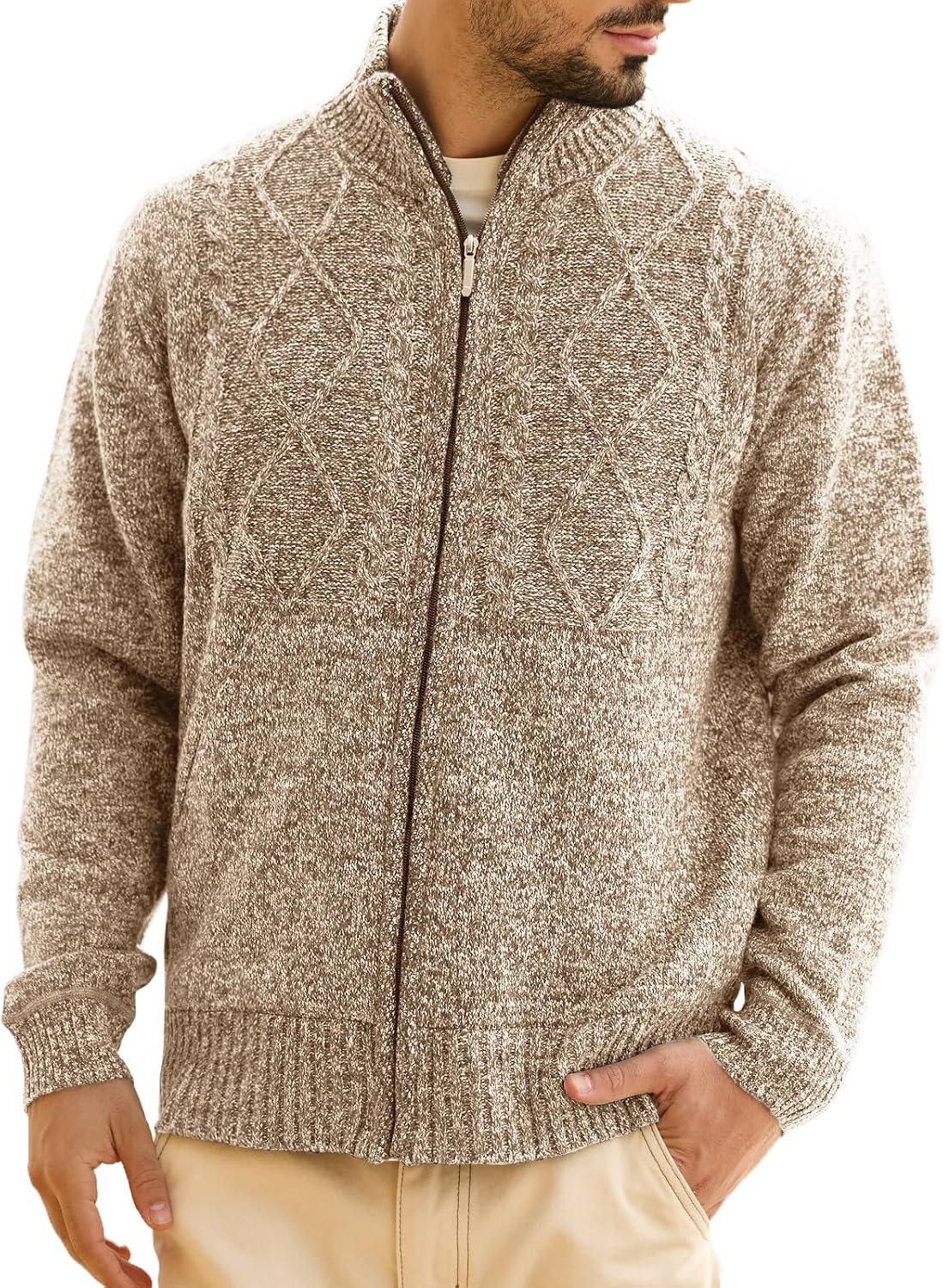 Les umes Mens Knitted Full Zipper Cardigan Fleece Lined Sweater Warm Stand Collar Jumper Coat with Pockets